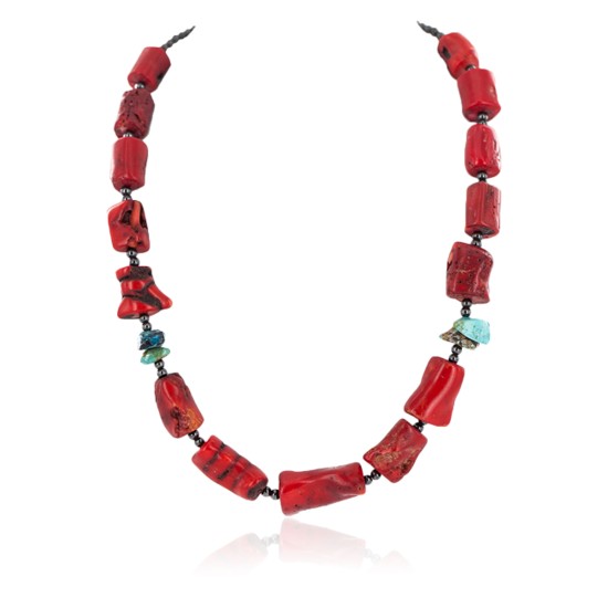 .925 Sterling Silver Certified Authentic Navajo Natural Turquoise Coral Hematite Native American Necklace 24511-1