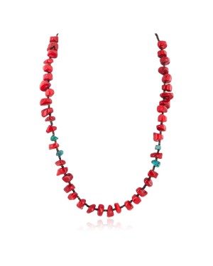 .925 Sterling Silver Certified Authentic Navajo Natural Turquoise Coral Native American Necklace 750232-4