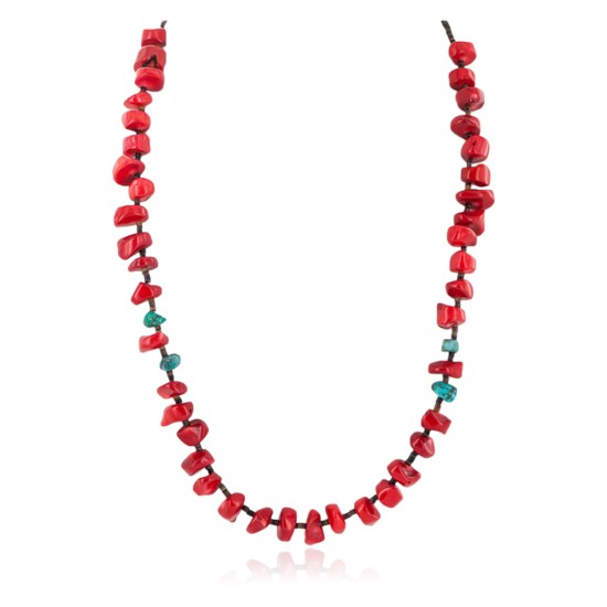 .925 Sterling Silver Certified Authentic Navajo Natural Turquoise Coral Native American Necklace 750232-4
