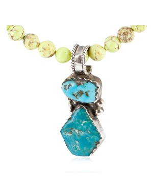 .925 Sterling Silver Certified Authentic Navajo Natural Turquoise Gaspeite Native American Necklace 14297-11-1570
