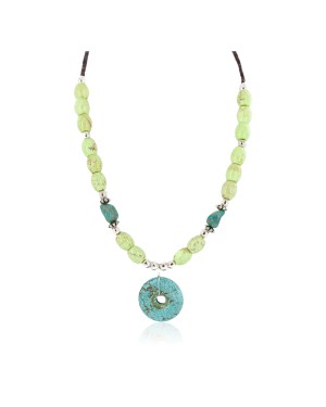 .925 Sterling Silver Certified Authentic Navajo Natural Turquoise Gaspeite Native American Necklace 750231-1