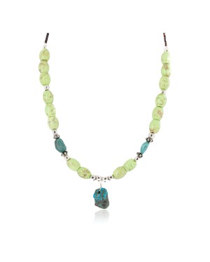 .925 Sterling Silver Certified Authentic Navajo Natural Turquoise Gaspeite Native American Necklace 750231-3