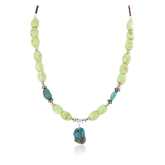 .925 Sterling Silver Certified Authentic Navajo Natural Turquoise Gaspeite Native American Necklace 750231-3
