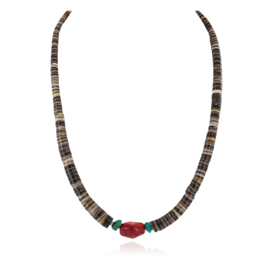 .925 Sterling Silver Certified Authentic Navajo Natural Turquoise Graduated Heishi Coral Native American Necklace 95004-10