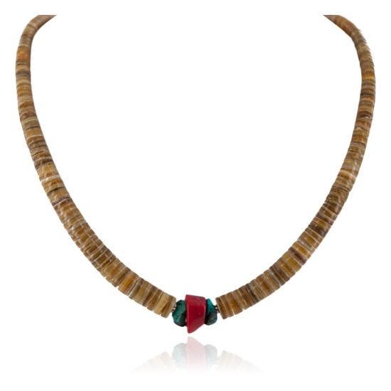 .925 Sterling Silver Certified Authentic Navajo Coral and Natural Graduated Heishi Native American Necklace 95004-5