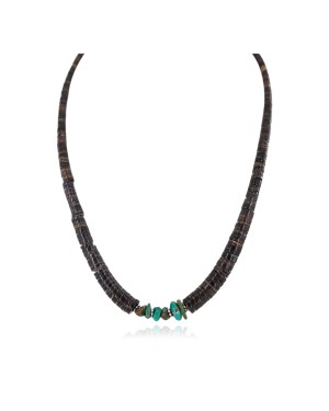 .925 Sterling Silver Certified Authentic Navajo Natural Turquoise Graduated Heishi Native American Necklace 750237-1