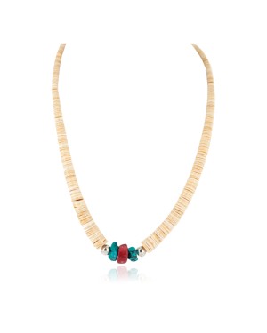 .925 Sterling Silver Certified Authentic Navajo Natural Turquoise Graduated Melon Shell Coral Native American Necklace 95004-1