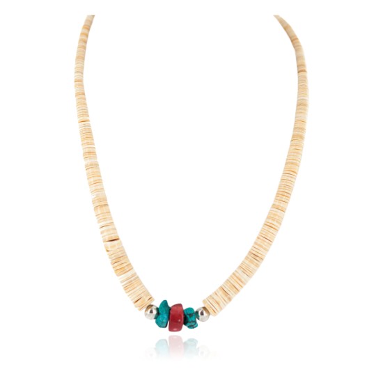 .925 Sterling Silver Certified Authentic Navajo Natural Turquoise Graduated Melon Shell Coral Native American Necklace 95004-1