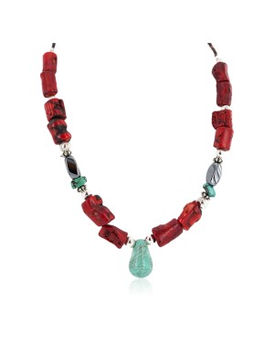 .925 Sterling Silver Certified Authentic Navajo Natural Turquoise Hematite Coral Native American Necklace 750224-9