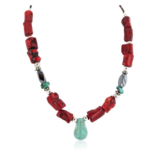 .925 Sterling Silver Certified Authentic Navajo Natural Turquoise Hematite Coral Native American Necklace 750224-9