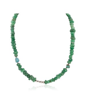.925 Sterling Silver Certified Authentic Navajo Natural Turquoise Jade Native American Necklace 15113-100