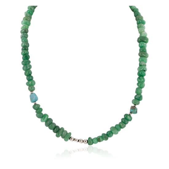 .925 Sterling Silver Certified Authentic Navajo Natural Turquoise Jade Native American Necklace 15113-100