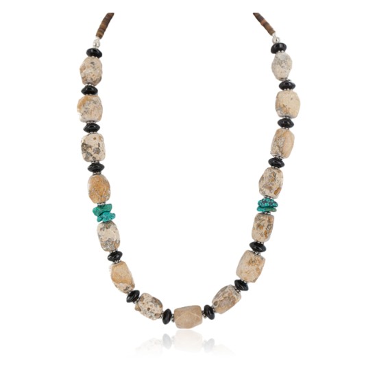 .925 Sterling Silver Certified Authentic Navajo Natural Turquoise Jasper Black Onyx Native American Necklace 750209-5