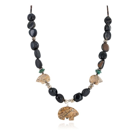 .925 Sterling Silver Certified Authentic Navajo Natural Turquoise Jasper Blue Tigers Eye Heishi Native American Necklace 750232-2