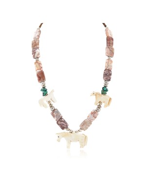 .925 Sterling Silver Certified Authentic Navajo Natural Turquoise Jasper Bone Native American Necklace 750227-4