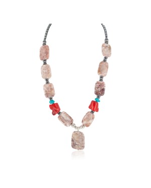 .925 Sterling Silver Certified Authentic Navajo Natural Turquoise Jasper Hematite Coral Native American Necklace 750208-1