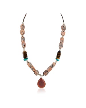 .925 Sterling Silver Certified Authentic Navajo Natural Turquoise Jasper Tigers Eye Native American Necklace 750209-9
