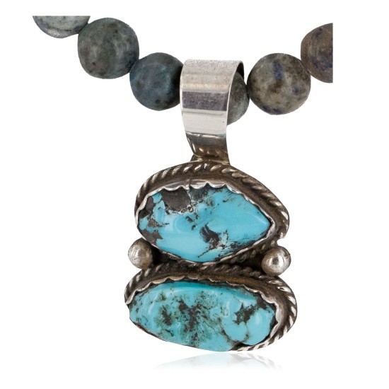 .925 Sterling Silver Certified Authentic Navajo Natural Turquoise Lapis Native American Necklace 34041-2-14542