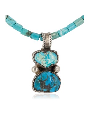 .925 Sterling Silver Certified Authentic Navajo Natural Turquoise Native American Necklace 14297-12-15762