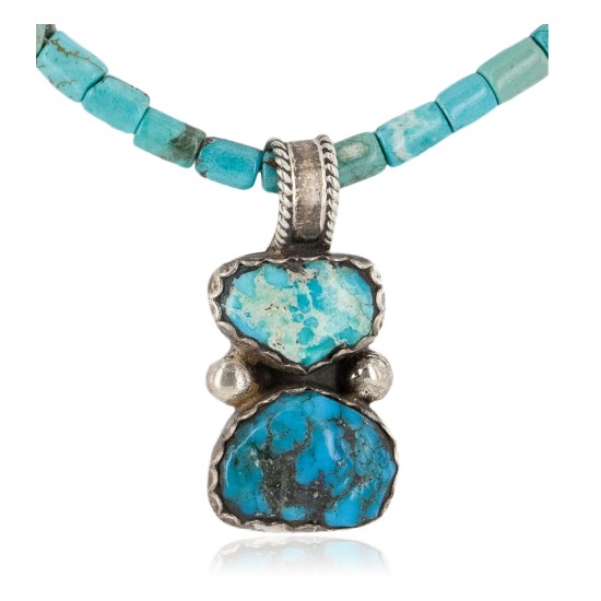 .925 Sterling Silver Certified Authentic Navajo Natural Turquoise Native American Necklace 14297-12-15762
