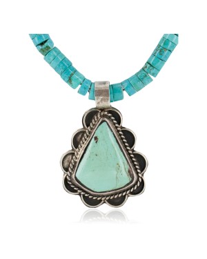 .925 Sterling Silver Certified Authentic Navajo Natural Turquoise Native American Necklace 14798-5-15398