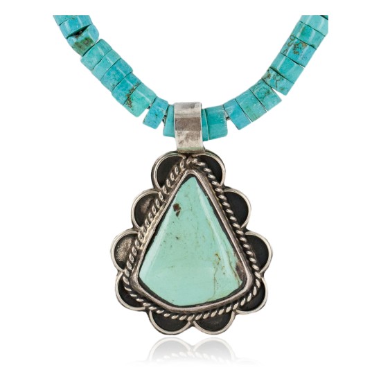 .925 Sterling Silver Certified Authentic Navajo Natural Turquoise Native American Necklace 14798-5-15398