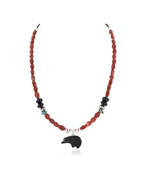 .925 Sterling Silver Certified Authentic Navajo Natural Turquoise Red Jasper Black Onyx Jet Native American Necklace 24511-5