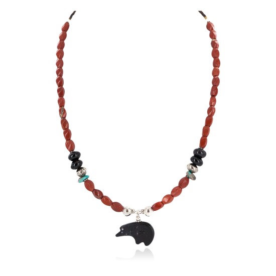 .925 Sterling Silver Certified Authentic Navajo Natural Turquoise Red Jasper Black Onyx Jet Native American Necklace 24511-5