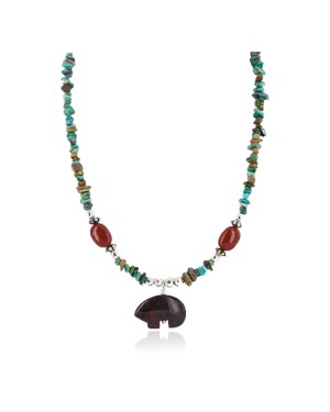 .925 Sterling Silver Certified Authentic Navajo Natural Turquoise Red Jasper Native American Necklace  750226-3