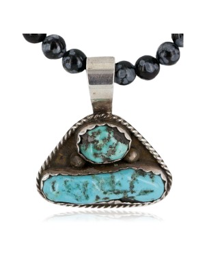 .925 Sterling Silver Certified Authentic Navajo Natural Turquoise Snowflake Obsidian Native American Necklace 740105-14-15786