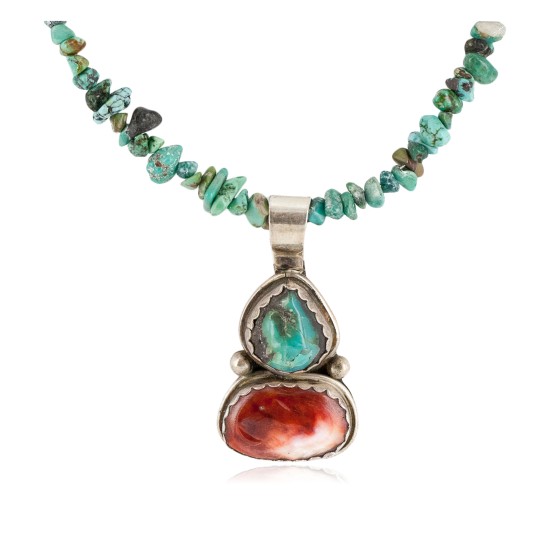 .925 Sterling Silver Certified Authentic Navajo Natural Turquoise Spiny Oyster Black Onyx Native American Necklace  15018-5-15781