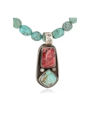 .925 Sterling Silver Navajo Natural Turquoise Spiny Oyster Coral Native American Necklace 15017-27-1577