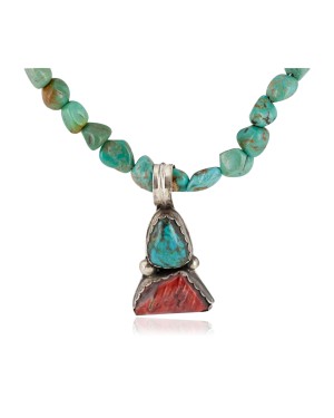 .925 Sterling Silver Certified Authentic Navajo Natural Turquoise Spiny Oyster Lapis Native American Necklace  14492-28-15781