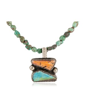 .925 Sterling Silver Certified Authentic Navajo Natural Turquoise Spiny Oyster Lapis Native American Necklace 14785-15781