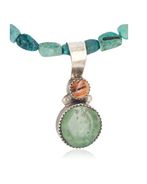 .925 Sterling Silver Certified Authentic Navajo Natural Turquoise Spiny Oyster Native American Necklace 14164-13-15781