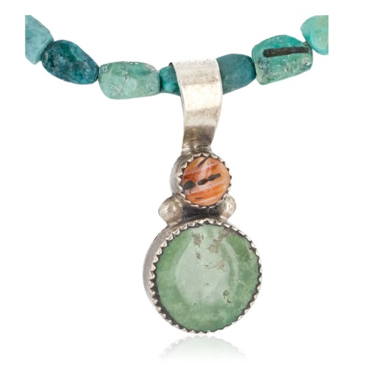 .925 Sterling Silver Certified Authentic Navajo Natural Turquoise Spiny Oyster Native American Necklace 14164-13-15781