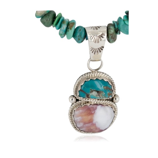 .925 Sterling Silver Certified Authentic Navajo Natural Turquoise Spiny Oyster Native American Necklace 24415-4-25289