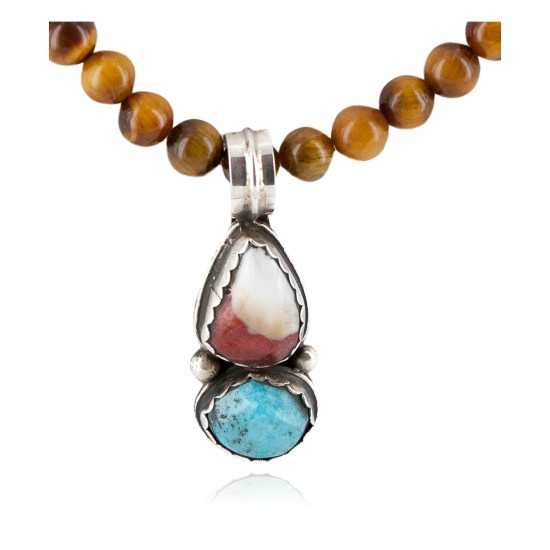 .925 Sterling Silver Certified Authentic Navajo Natural Turquoise Spiny Oyster Tigers Eye Native American Necklace 14492-27-10225