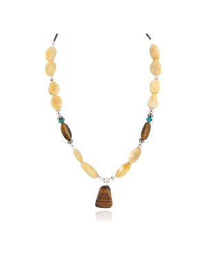 .925 Sterling Silver Certified Authentic Navajo Natural Turquoise Tigers Eye Agate Native American Necklace 750238-1