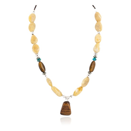 .925 Sterling Silver Certified Authentic Navajo Natural Turquoise Tigers Eye Agate Native American Necklace 750238-1