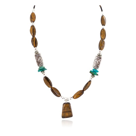 .925 Sterling Silver Certified Authentic Navajo Natural Turquoise Tigers Eye Native American Necklace 750237-6