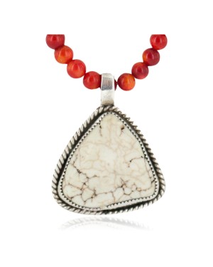 .925 Sterling Silver Certified Authentic Navajo Natural White Buffalo and Coral Native American Necklace & Pendant 18280-1-95001