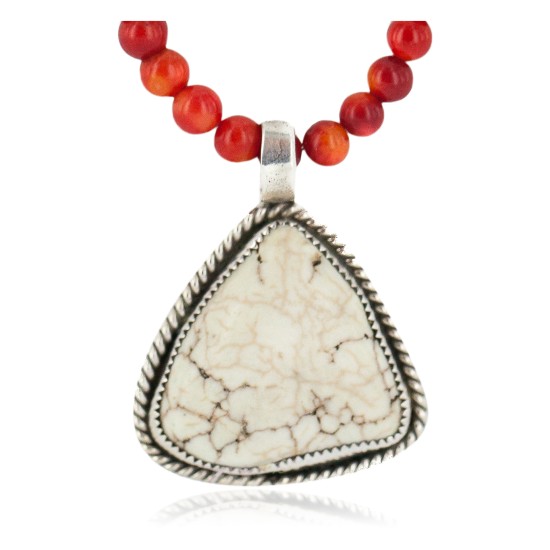 .925 Sterling Silver Certified Authentic Navajo Natural White Buffalo and Coral Native American Necklace & Pendant 18280-1-95001