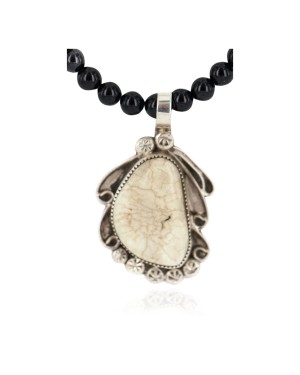 .925 Sterling Silver Certified Authentic Navajo Natural White Buffalo Black Onyx Native American Necklace 18301-15786