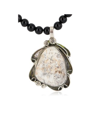 .925 Sterling Silver Certified Authentic Navajo Natural White Buffalo Black Onyx Native American Necklace and Pendant 18279-2-15786