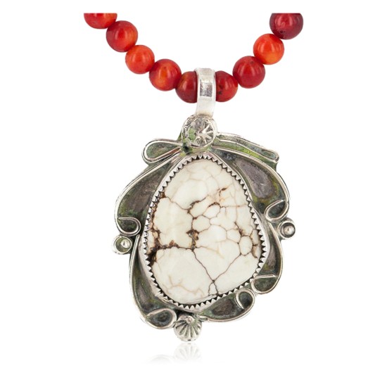 .925 Sterling Silver Certified Authentic Navajo Natural White Buffalo Coral Native American Necklace & Pendant 18279-4-95001