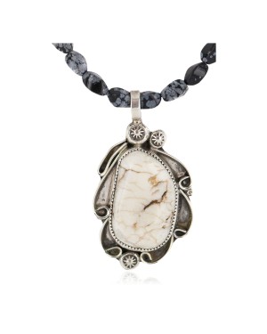 .925 Sterling Silver Certified Authentic Navajo Natural White Buffalo Snowflake Obsidian Native American Necklace 18279-3-16037-6
