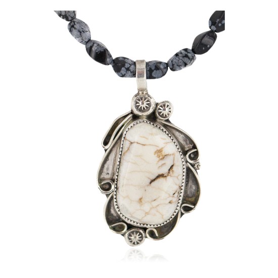 .925 Sterling Silver Certified Authentic Navajo Natural White Buffalo Snowflake Obsidian Native American Necklace 18279-3-16037-6