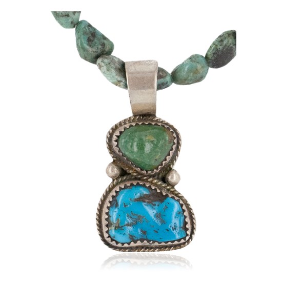.925 Sterling Silver Certified Authentic Navajo Turquoise Coral Native American Necklace 14545-20-14949