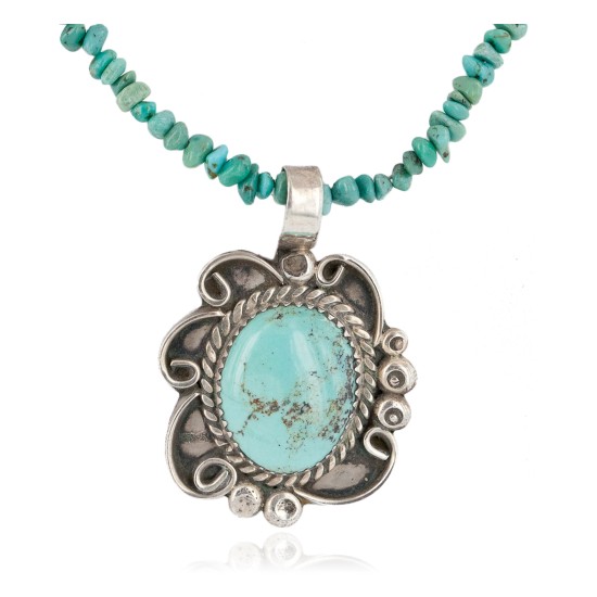 .925 Sterling Silver Certified Authentic Navajo Turquoise Coral Native American Necklace 14764-4-15360
